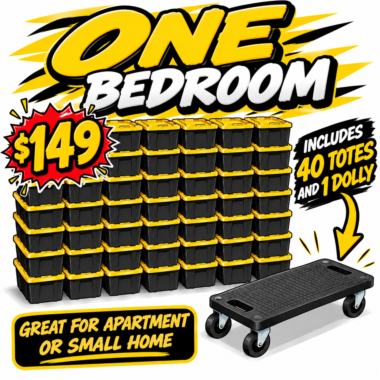 One Bedroom package — 40 totes and 1 dolly