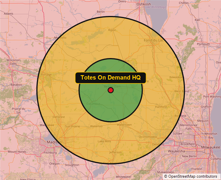 Map centered on Beaver Dam, WI showing a 15-mile free delivery radius and a 16-35 mile $30 delivery radius