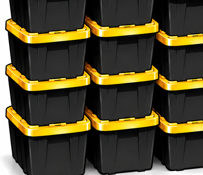 Stack of heavy-duty black and yellow moving totes
