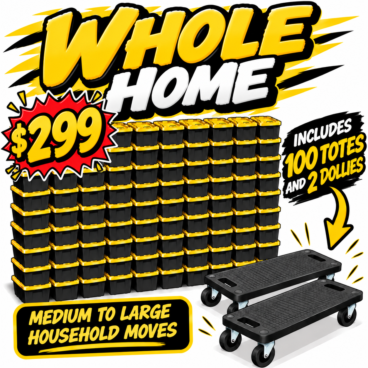 Whole Home package — 100 totes and 2 dollies